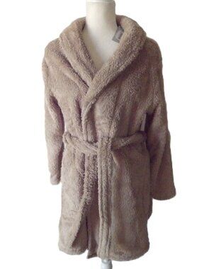 NWT Plush Faux Fur Shortie Robe/ Beige/ National